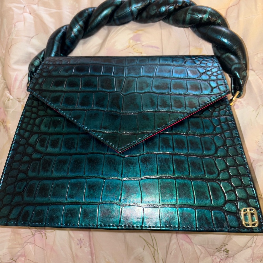 Anima Iris Teal Crocodile-Embossed Shoulder Bag